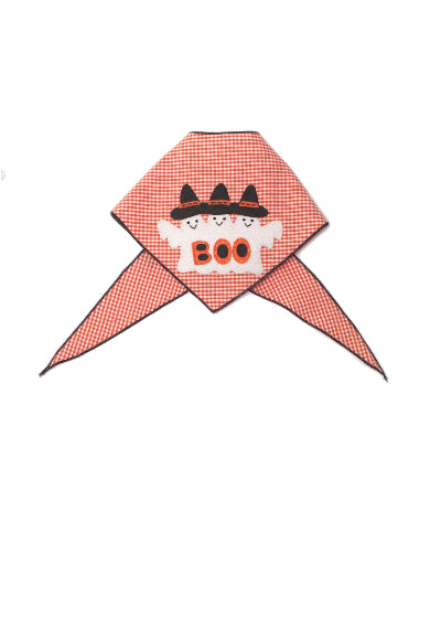 An orange and white gingham bandana  with a white patch featuring three black cats wearing hats and the word 'BOO' in orange, shown on a plain white background.