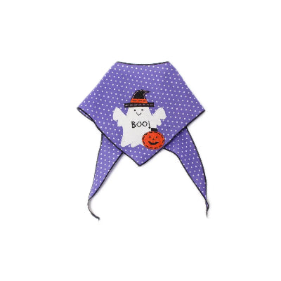 Halloween-themed pet bandana with ghost and pumpkin design on a purple polka dot background