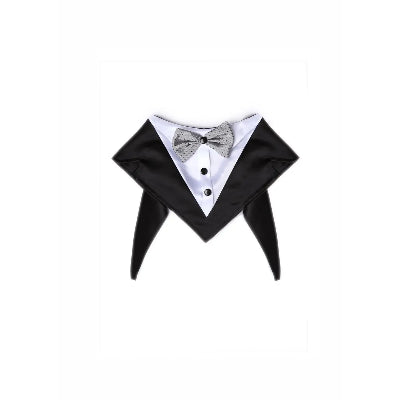 Black and white dog bandana with gray bow tie on a white background