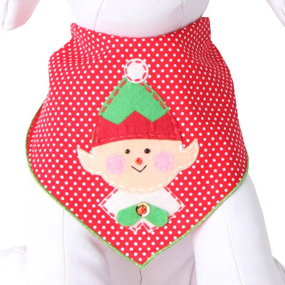 Red polka dot bandana with an elf design on a white background