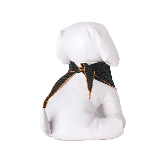 A white dog-shaped mannequin or plush display form wearing a black striped neck scarf with orange trim, photographed against a plain white background.