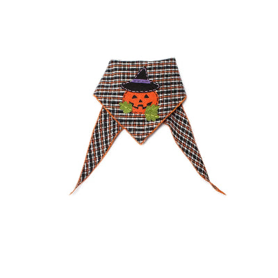 Plaid dog bandana with Halloween pumpkin design on a white background