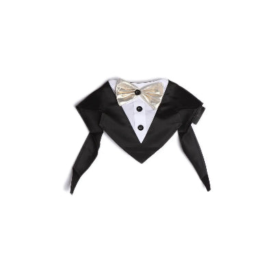 Black tuxedo-style dog bandana with a gold bow tie on a white background