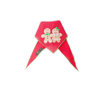 Red polka dot dog bandana with gingerbread design on a white background