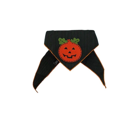 A black pinstriped dog bandana with a stitched orange pumpkin patch and green leaves on the front, shown on a plain white background.