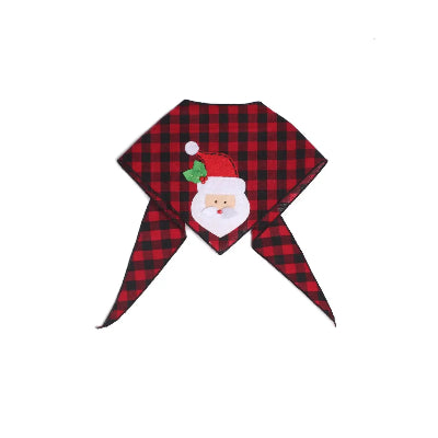 Red and black checkered dog bandana with Santa Claus design on a white background