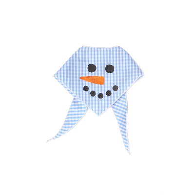Blue checkered snowman face pet bandana with black dot eyes and an orange nose on a white background
