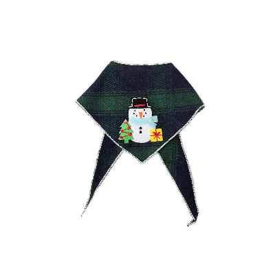 Green and navy plaid dog bandana with a snowman design on a white background