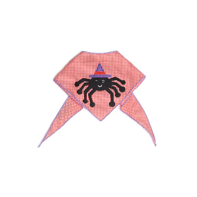 Orange checkered bandana with a spider design on a white background
