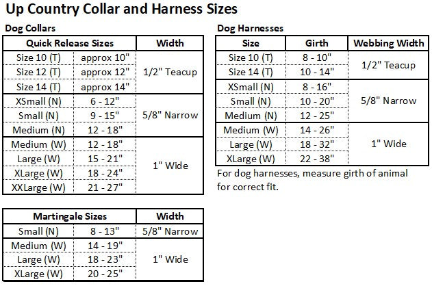 Up Country Dog Collar & Leash Size Chart