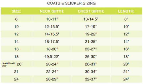 Up Country Dog Coat and Slicker Size Chart on white background.