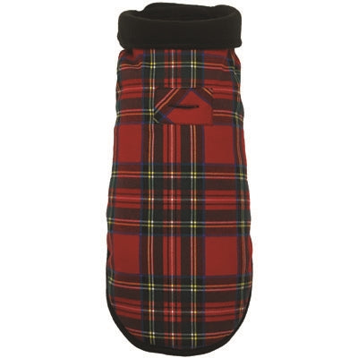 Plaid dog coat with red, black, and yellow pattern on a white background