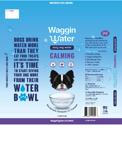 Waggin Water calming dog water packaging with a blue background and dog illustration.