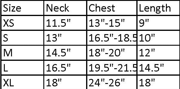 Measurement chart for clothing sizes with neck, chest, and length dimensions.