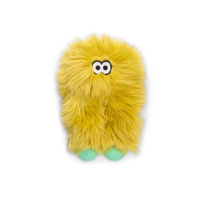 Yellow plush toy with googly eyes on a white background