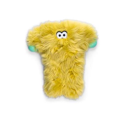Yellow plush toy with googly eyes on a white background