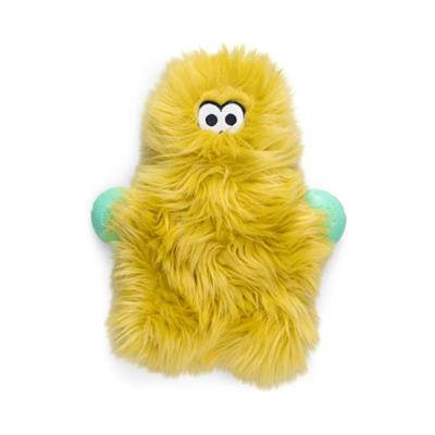Yellow plush toy with googly eyes on a white background