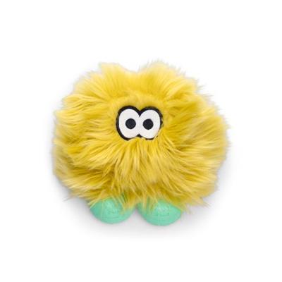 Yellow plush toy with googly eyes on a white background
