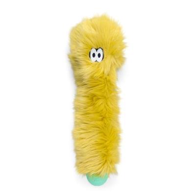 Yellow plush toy with cartoon face on a white background