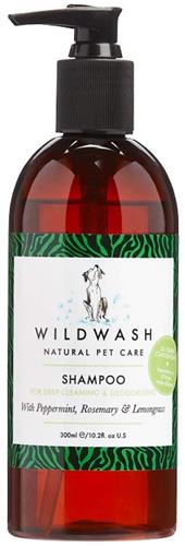 Brown bottle with white & green label & pump containing natural pet shampoo.