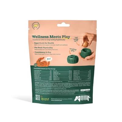 Package of Wellness Meets Play dog toy with green packaging on a white background