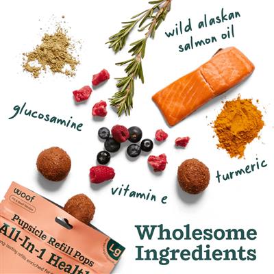 Wholesome ingredients including salmon, berries, and powders with a LG Popsicle Refill Pops packaging on a white background.