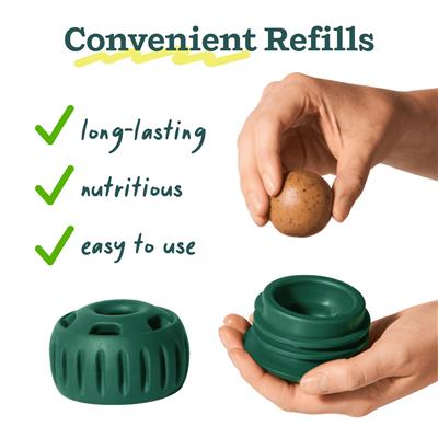 Green pet toy with a hand holding a small object, labeled as convenient refills with benefits.