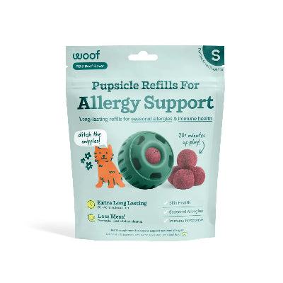 Package of Pupsicle Refills for Allergy Support with 'woof' branding on a white background