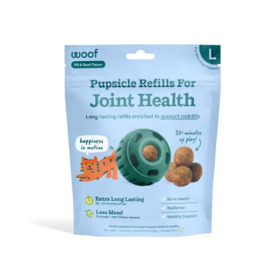 Package of Pupsicle Refills for Joint Health with a green toy and treats on a light blue background.
