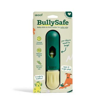 BullySafe packaging with a green and beige chew toy on a white background