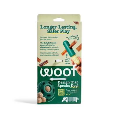 Packaging of a dog toy with 'woof' branding on a white background