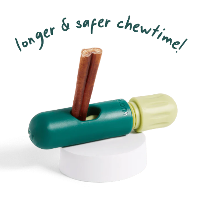 Dog chew toy with a treat holder on a white background, featuring text 'longer & safer chewtime!'.