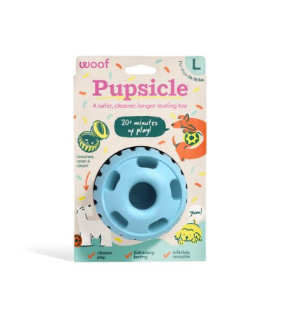 Pupsicle dog toy packaging with blue toy and 'woof' branding on a white background