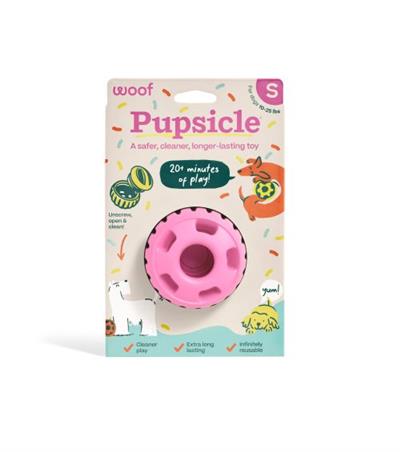 Pink dog toy in packaging with 'Pupsicle' branding on a white background