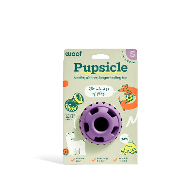 Pupsicle dog toy packaging with purple toy and 'woof' branding on a white background