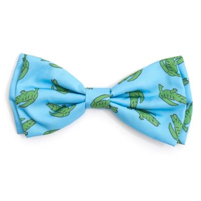 Blue cat or dog bow tie with green alligators on white background
