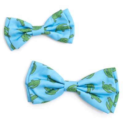 Blue cat or dog bow tie with green alligators on white background in small and large sizes
