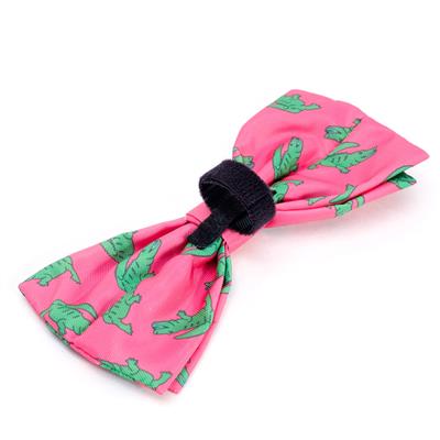 Blue cat or dog bow tie with green alligators on white background with velcro closure that fits around collar