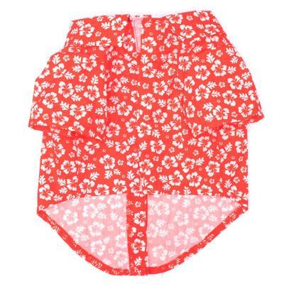 Alternate view of red shirt with white Hawaiian themed flowers on white background.