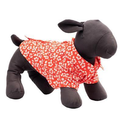 Dog mannequin wearing a red shirt with white Hawaiian themed flowers on white background.