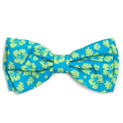 Blue bow tie with green floral pattern on a white background
