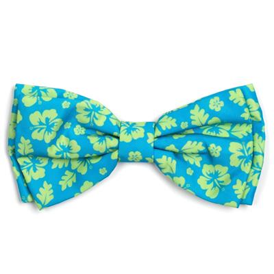 Blue bow tie with green floral pattern on a white background