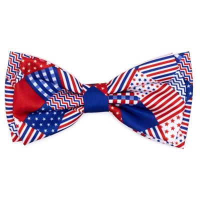 Red, white, and blue patterned bow tie on a white background