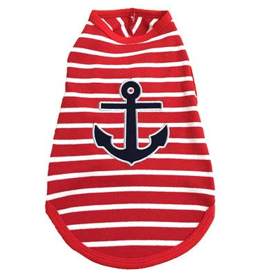 Red and white striped pet tank with a navy anchor on a white background