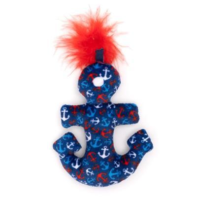 Dog toy shaped like an anchor with a red pom-pom on a white background