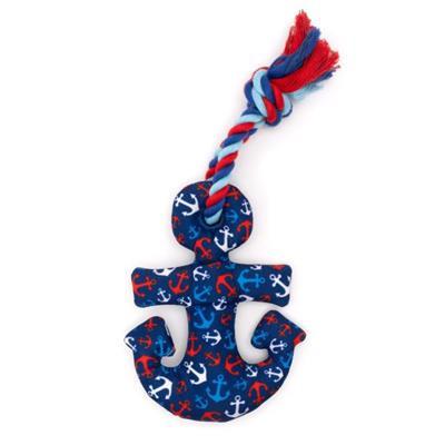 Dog toy shaped like an anchor with rope on white background