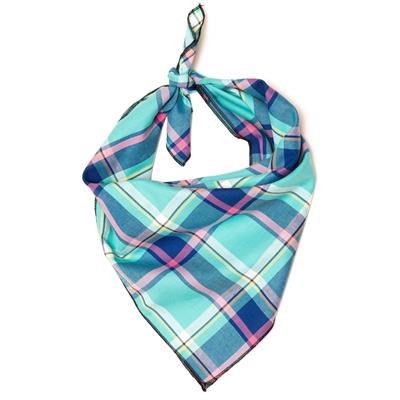 Plaid scarf with blue, pink, and green pattern on a white background