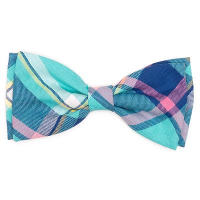 Plaid bow tie with blue, green, and pink colors on a white background