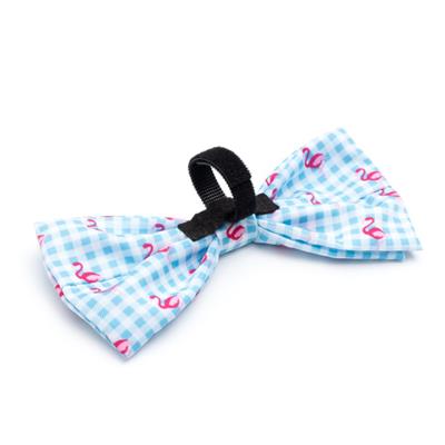 Blue checkered bow tie with pink flamingos on a white background