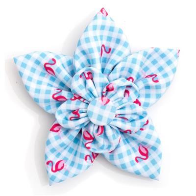 Blue and white checkered bow with pink flamingo pattern on a white background